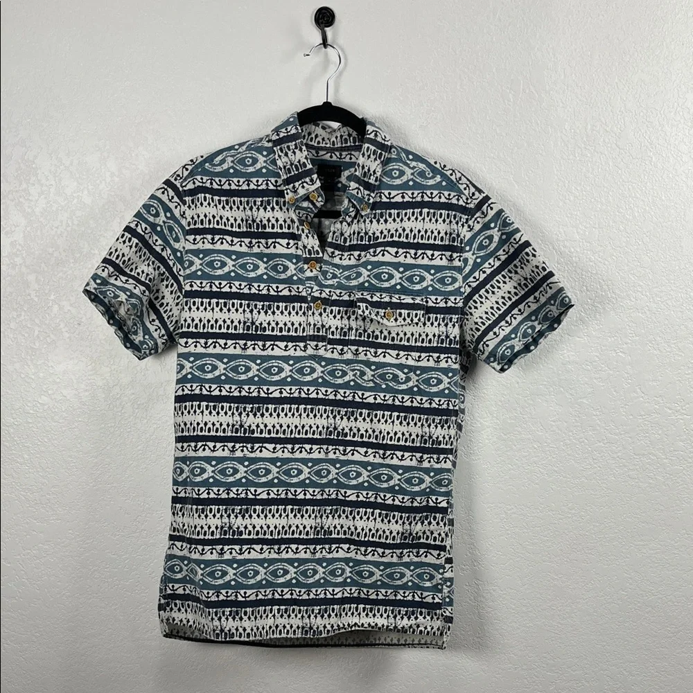 J Crew Shirt Sz M Multicolor Short Sleeve Button Down Aztec Print‎ Cotton TC0776